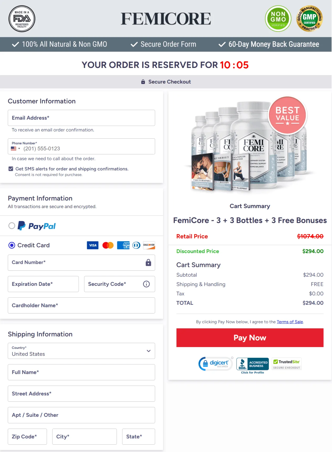 FemiCore secure checkout page screenshot